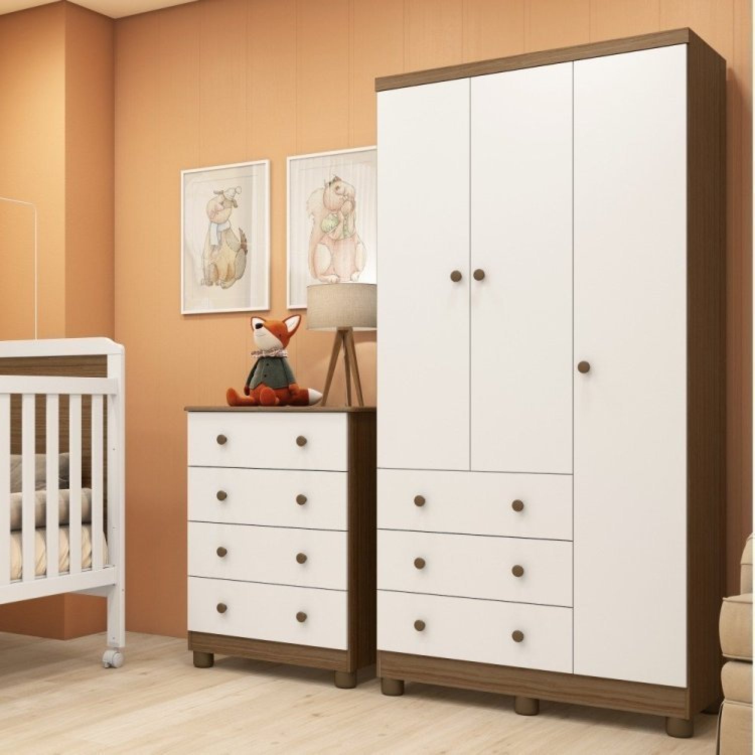 Quarto de Bebê com Guarda Roupa 3 Portas Cômoda 4 Gavetas Nina