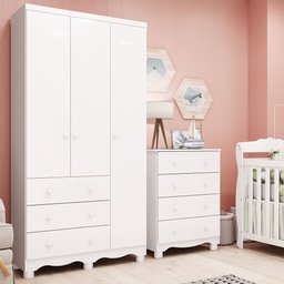 Quarto Infantil com Guarda-Roupa 3 Portas e Cômoda 4 Gavetas 100% MDF Mimo Espresso Móveis Branco/Brilho - 1 Quarto Infantil com Guarda-Roupa 3 Portas e Cômoda 4 Gavetas 100% MDF Mimo Espresso Móveis Branco/Brilho - 1
