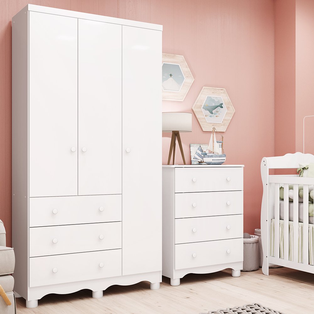 Quarto Infantil com Guarda Roupa 3 Portas e Cômoda 4 Gavetas Mimo 100% MDF Espresso Móveis - 1