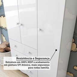 Quarto Infantil com Guarda-Roupa 3 Portas e Cômoda 4 Gavetas 100% MDF Mimo Espresso Móveis Branco/Brilho - 6 Quarto Infantil com Guarda-Roupa 3 Portas e Cômoda 4 Gavetas 100% MDF Mimo Espresso Móveis Branco/Brilho - 6