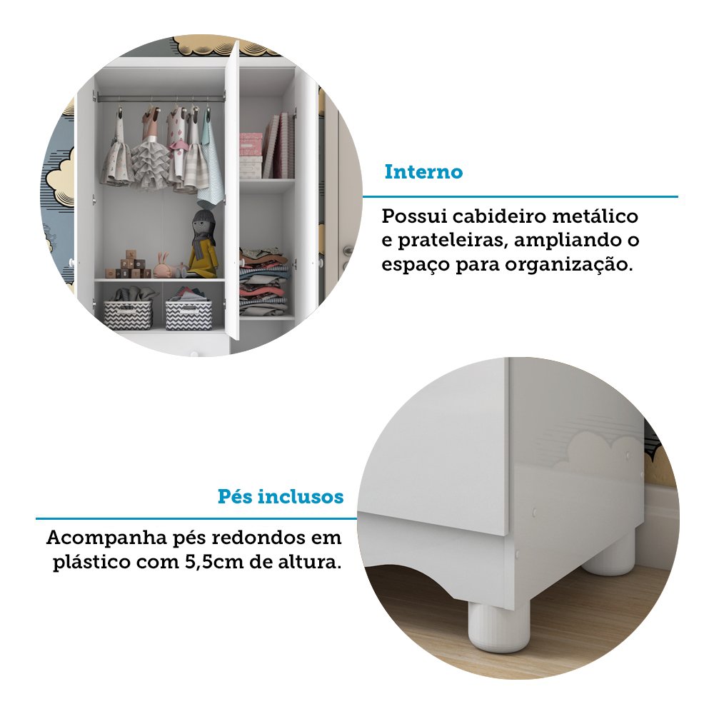 Quarto Infantil com Guarda Roupa 3 Portas e Cômoda 4 Gavetas Mimo 100% MDF Espresso Móveis - 9