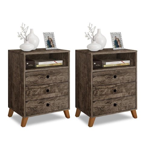 Kit 2 Criados de Cabeceira Retro Pes Palito 3 Gavetas e 1 Nicho Castani