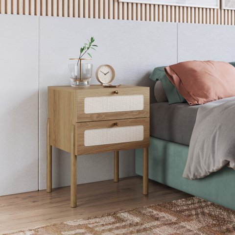 Mesa de Cabeceira 2 Gavetas Palhinha Pé Madeira Oslo 