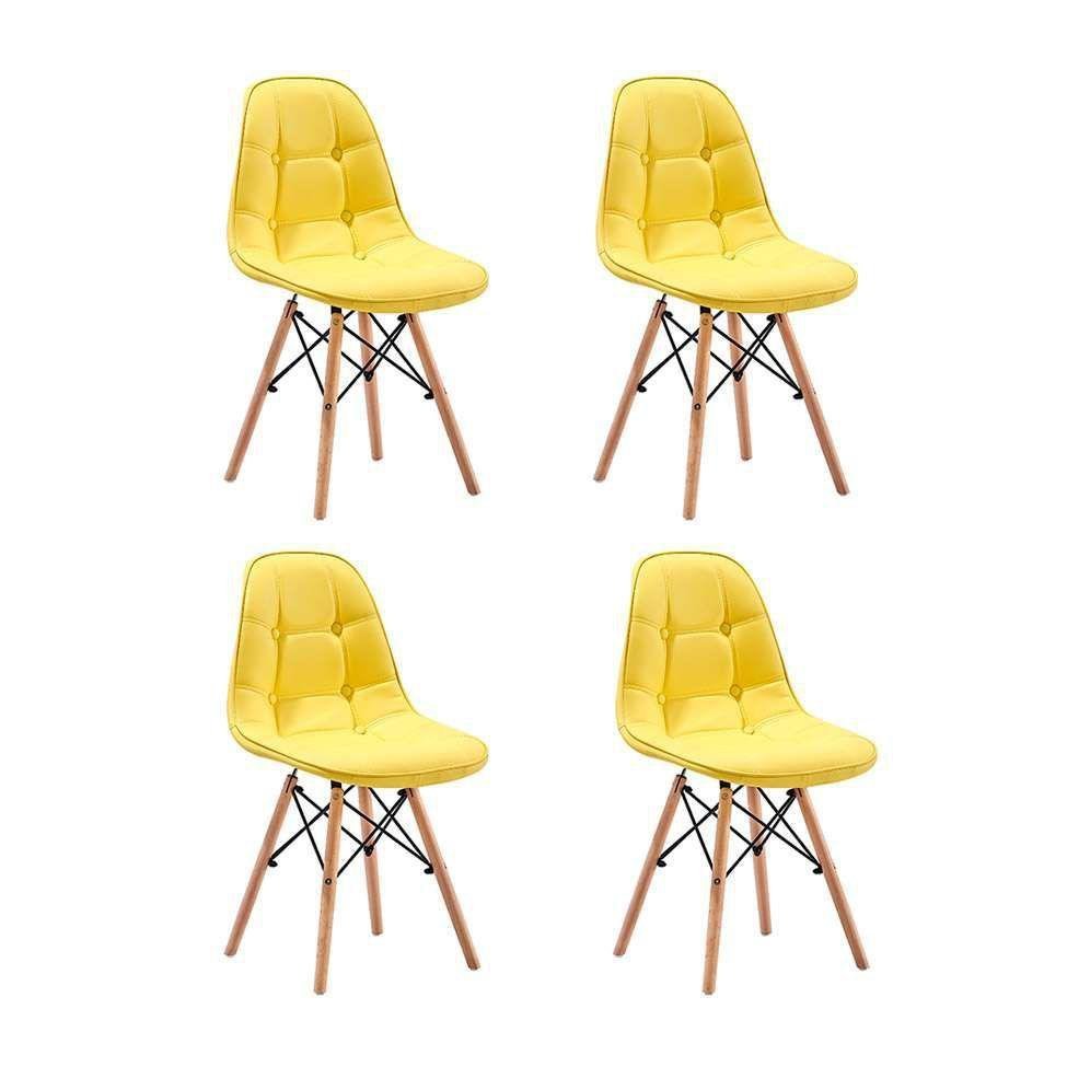 Kit 4 Cadeiras Charles Eames Botonê Eiffel Wood Estofada Couro - Amarela