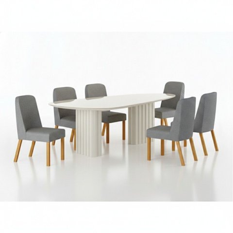 Conjunto Sala de Jantar Ísis 2,00m com 6 Cadeiras Tampo Orgânico Off White c/ Vidro Off White/Linho 