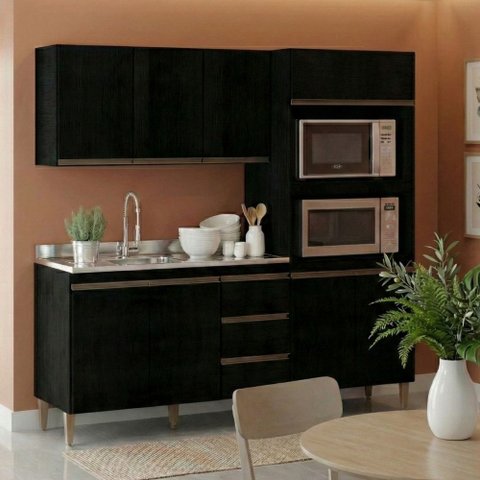 Armário de Cozinha Compacta Modulada 3 Peças Milão Menu Móveis Preto