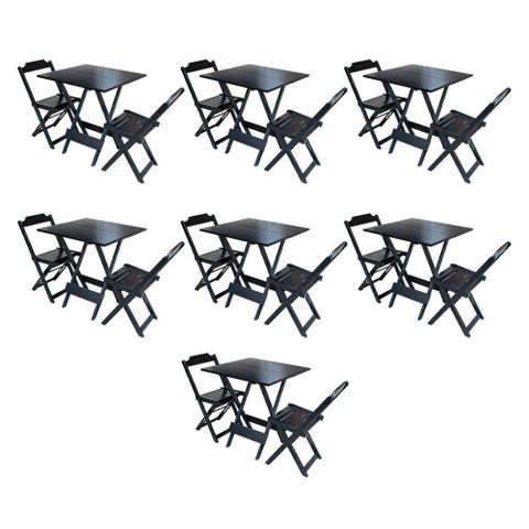 Kit 7 Conjuntos De Mesa Dobravel Com 2 Cadeiras De Madeira 70X70 Para Restaurante E Bar - Preto