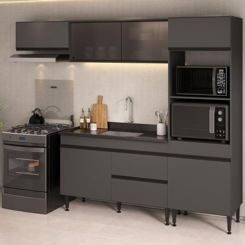 Armário de Cozinha Modulada Completa com Pia 251,5cm Milano Multimóveis MCR2395 Grafite/Preto