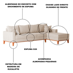 Sofá 4 Lugares Beny com Chaise Lado Direito Linho Bege - 5