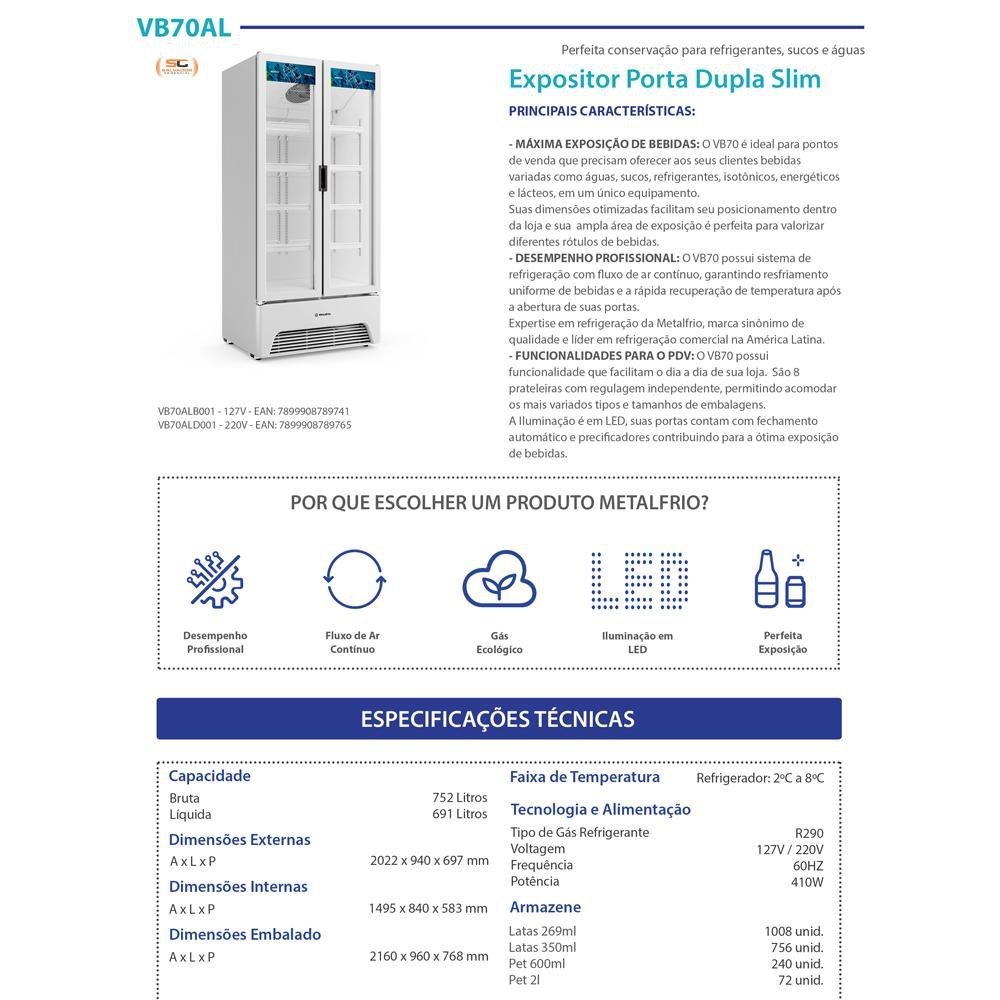 Refrigerador Expositor Vertical Bebidas Duas Portas Vidro 691L VB70AL Branca 220V - Metalfrio - 9