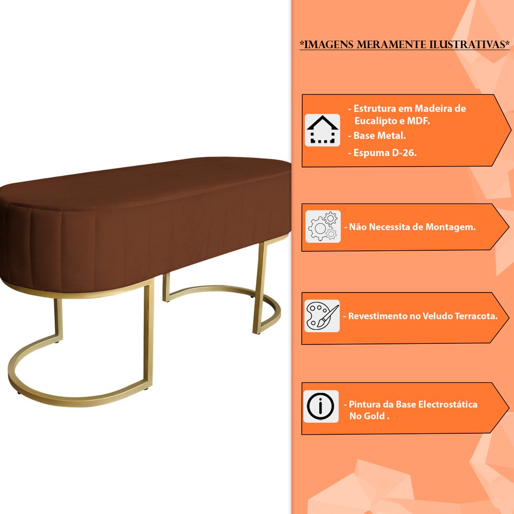 Banco Recamier Estofado Luana Base Gold Veludo Terracota - Montanaris Decor - 6