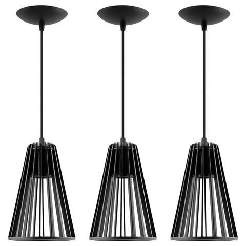 Luminária Pendente Madeira Koni Escritório E27 3 Unidades:preto