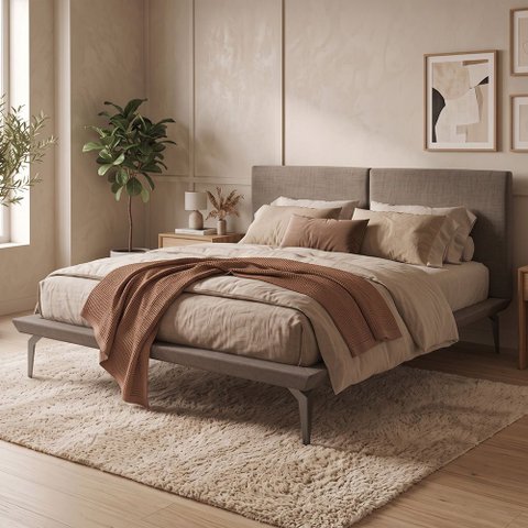 Base para Cama Casal Japonesa Tóquio Bipartida em Linho Marrom Design Moderno Marrom