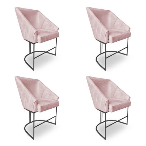 Kit 4 Poltronas Luxo Alana Suede Rosa Bebê Base Ferro Preto - Pallazio