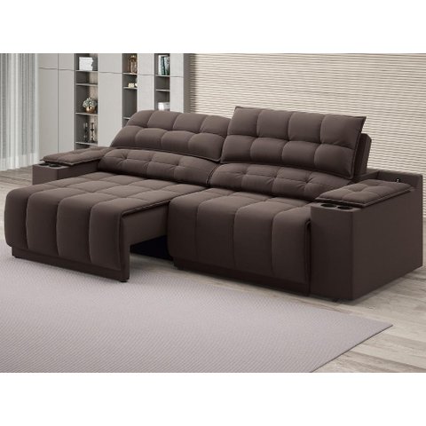 Sofá com Porta Copos Carregador USB Ret Rec Samurai 2,50m Velosuede Chocolate - NETSOFAS