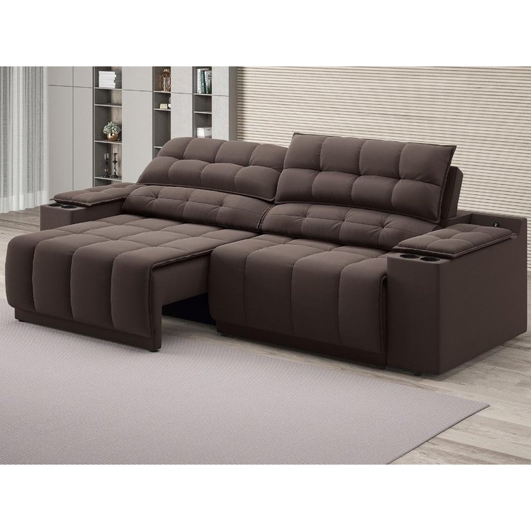 Sofá com Porta Copos Carregador USB Ret Rec Samurai 2,50m Velosuede Chocolate - NETSOFAS
