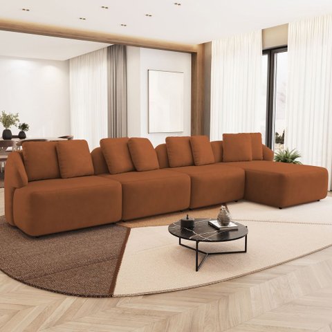 Sofá 5 Lugares com Chaise Direito Sala Living 388cm Arlo F04 Veludo Telha - Lyam Decor