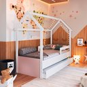Ver imagem 1 de Cama Montessoriana Infantil Estilo Casinha com Cama Auxiliar Cor:branco com Rosa