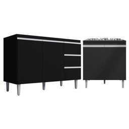 Kit Balcão Gabinete para Pia Andreia 120cm C- Balcão Cooktop 4 ou 5 Bocas Preto - 1
