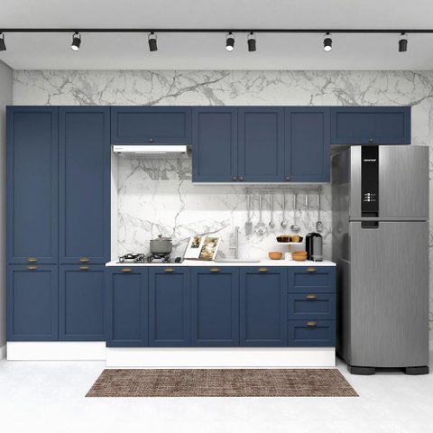 Cozinha Modulada Aurora Completa Clássica 350cm Provençal Cor:branco com Azul