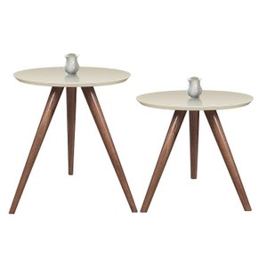 Jogo de 2 Mesa de canto Cor Off White Com Vidro Pé Palito 60/70 - Off White 40 Cm