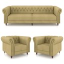 Ver imagem 2 de Conjunto Sala de Estar 1 Sofá Living 240cm e 2 Poltronas Stanford Chesterfield Pés Madeira Couro Beg