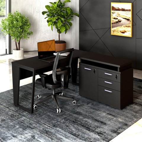Mesa L Escritório 1,5m Pé Metal Armário 3 Gavetas 1 Porta F5 Cor:preto