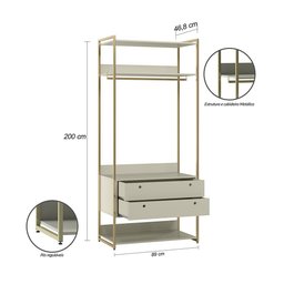 Conjunto Guarda-roupa Closet Industrial Completo Olivar 1 Porta 8 Gavetas 286cm - Off White - 3