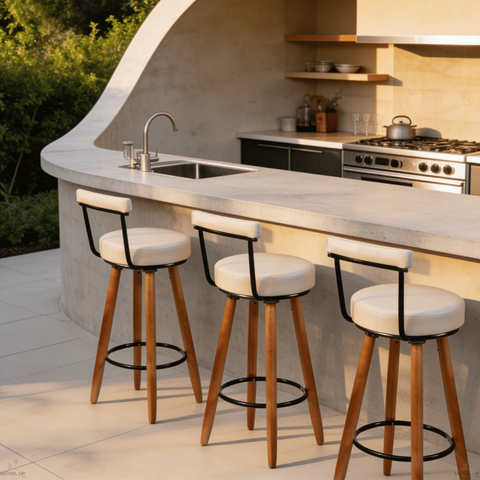 Kit 3 Banquetas Alta 60cm Giratória c/ Encosto 4 Pés Ilha Gourmet Balcão Bancada Corino Bege