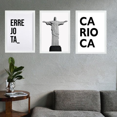 Kit 3 Quadros Rio de Janeiro Cristo - Errejota 33x24cm - com Vidro:moldura Preta