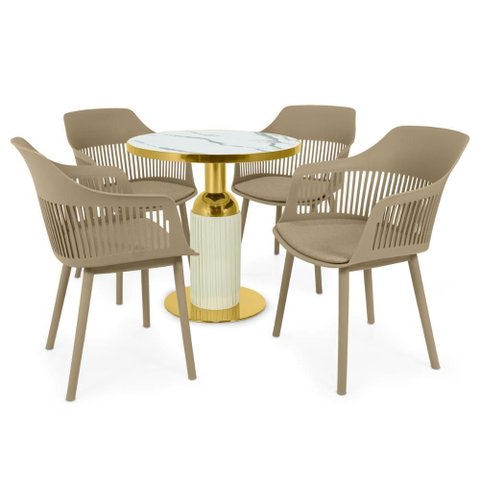 Conjunto Mesa de Jantar Redonda Imperial 70cm Branca com 4 Cadeiras Estofadas Marcela - Nude Escuro