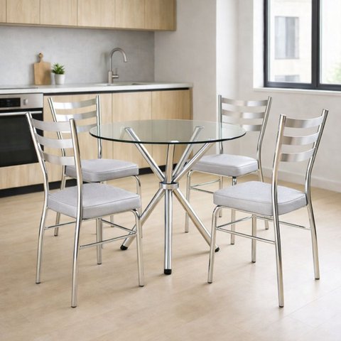 Cadeira de Cozinha Jantar com Reforço Cromada Assento Grosso Cinza Prata Confortável Kit 4 Peças