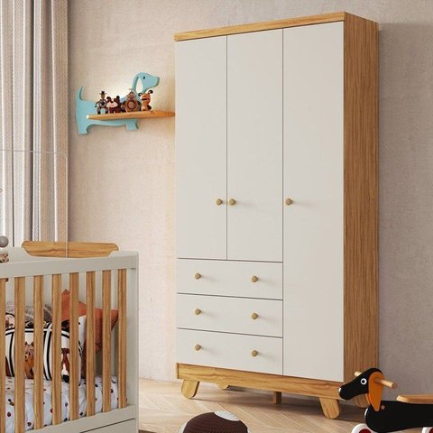 Guarda-Roupa Bebê 3 Portas 3 Gavetas 92cm Levy Espresso Móveis Bege/Amêndoa/Off White