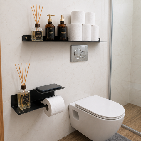 Suporte para Papel Higiênico Porta Celular Aromatizador + Prateleira Multiuso 60cm Preto