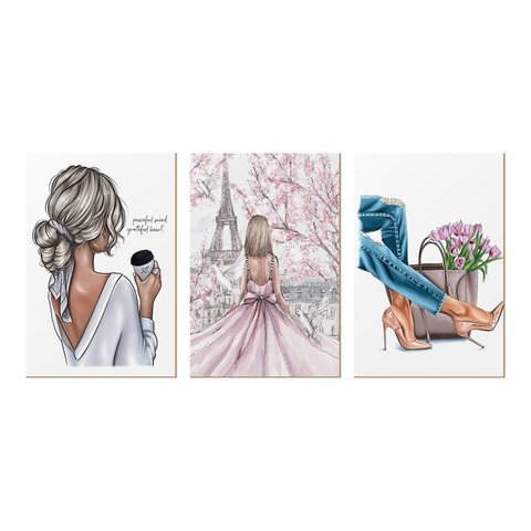 Kit 3 Quadros Decorativos para Quarto Feminino Viagem Paris Flores