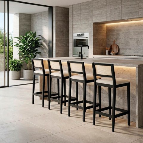 Banqueta Cozinha Alta Madeira Preta Kit 4 Encosto Palhinha Austria I03 - D'Rossi
