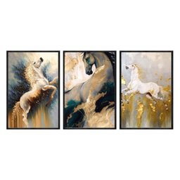 Kit 03 Quadros Decorativos-animais Pintura Abstrata Dourada de Cavalos Anm034-tela Canvas 40x60cm - 2