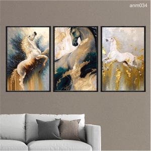 Kit 03 Quadros Decorativos-animais Pintura Abstrata Dourada de Cavalos Anm034-tela Canvas 40x60cm