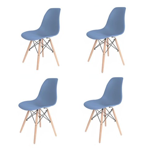 Kit com 4 Cadeiras Eames Pés de Madeira Azul Aço