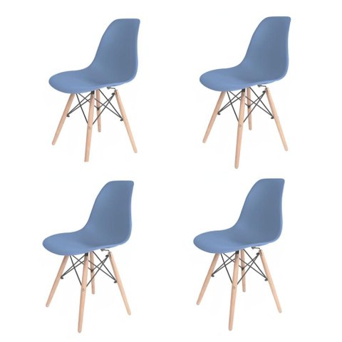Kit 4 Cadeiras Eames Azul Aço em Polipropileno com Base Wood para Cozinha e Home Office