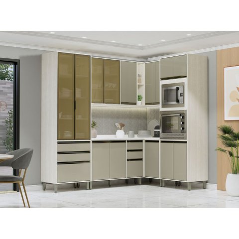 Cozinha Modulada de Canto Completa 6 Peças com Tampo Linea Luciane Móveis