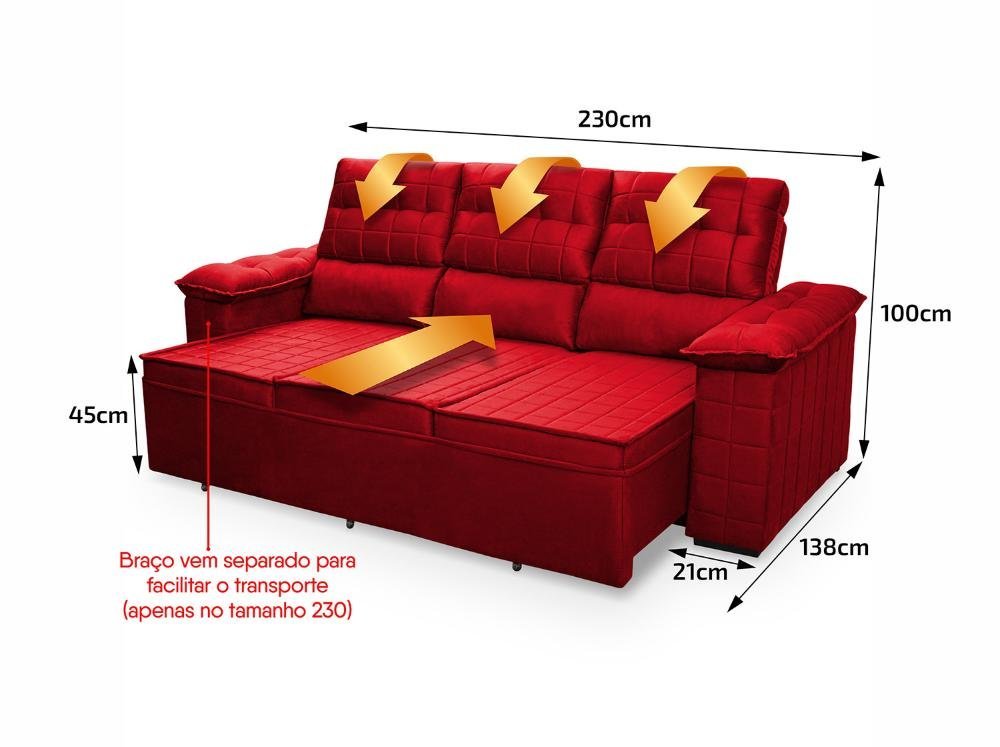 Sofá Retrátil Reclinável 4 Lugares com Molas 2,30m Quantum Suede Velut Vermelho - King House - 3