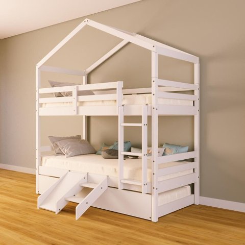 Treliche Solteiro Casinha e Kit Escada/Escorregador Madeira Maciça Branco Megamobilia