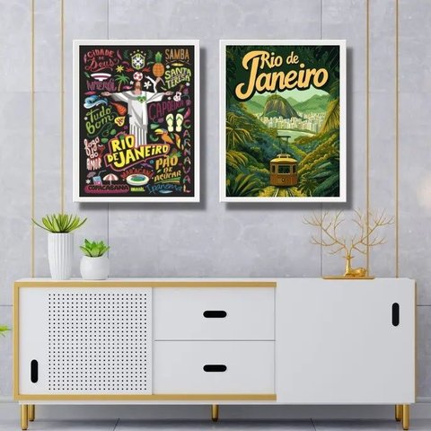 Kit 2 Quadros Posters Rio de Janeiro 24x18cm - com Vidro:moldura Preta