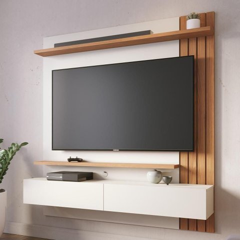 Painel para TV 65 pol com Bancada Suspensa 150cm Will C04 Off White Matte Freijó - Lyam Decor