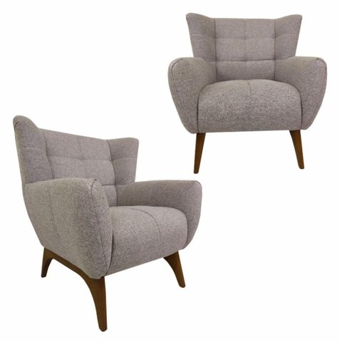 02 Poltronas Decorativas Em Linho Mesclado Com Base de Madeira Maciça Canopus Harmônica Móveis