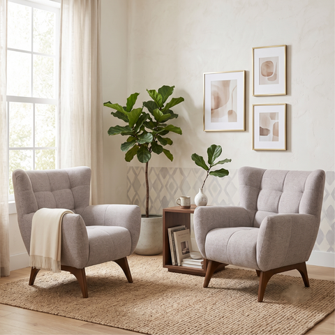 02 Poltronas Decorativas em Linho Mesclado com Base de Madeira Maciça Canopus Harmônica Móveis