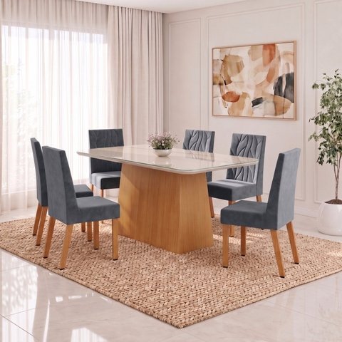Conjunto Sala de Jantar Mesa Dora 160cm Tampo MDF e Vidro Canto Arredondado 6 Cadeiras Flavia