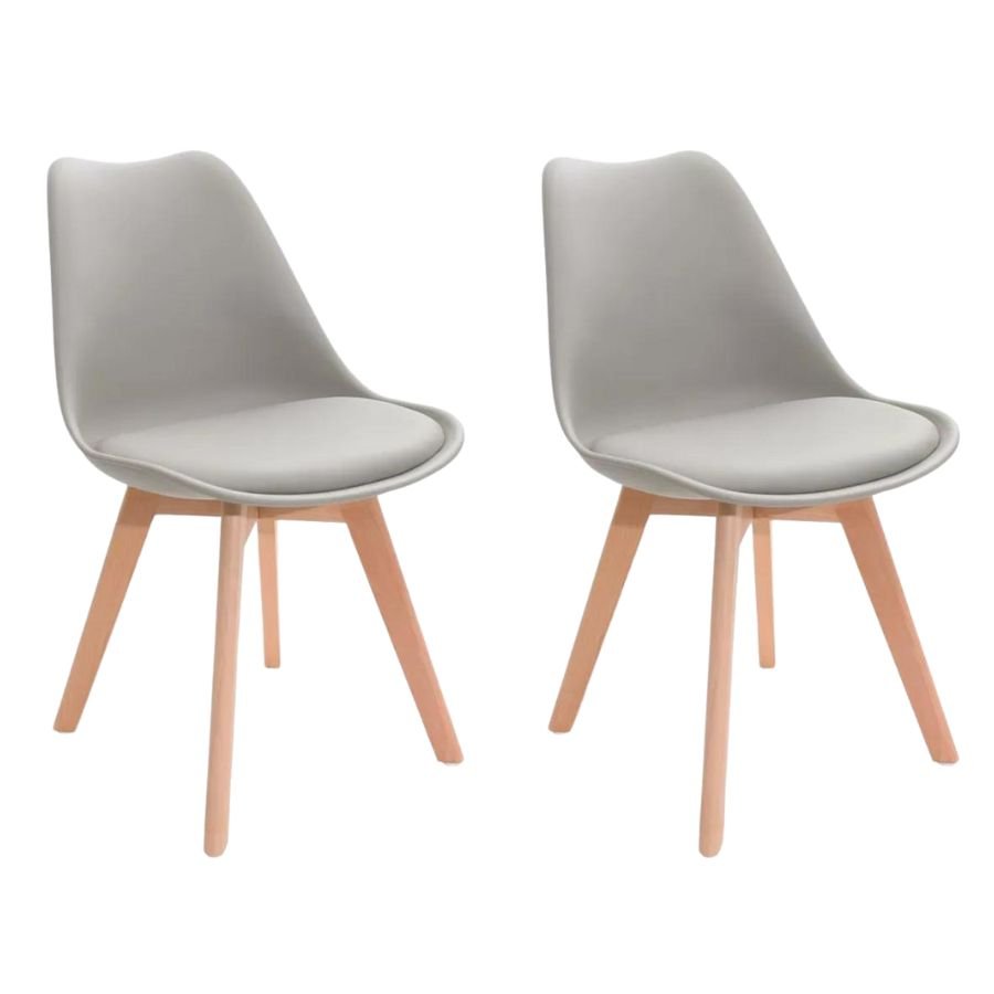 Kit 2 Cadeiras de Jantar Saarinen Leda Tulipa Base Wood Madeira Maciça com Estofado em Couro Cinza