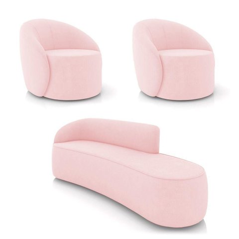 Sofá 4 Lugares Orgânico 220cm Morgan e 2 Poltronas Lua Suede Rosa Bebê D03 - D'Rossi
